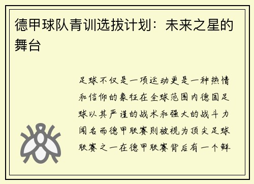 德甲球队青训选拔计划：未来之星的舞台